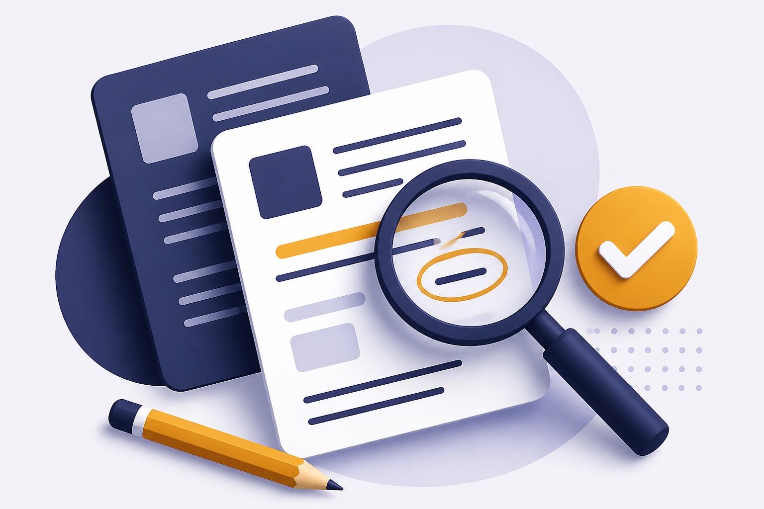 Documentos, lupa y lápiz que representan la revisión de una corrección