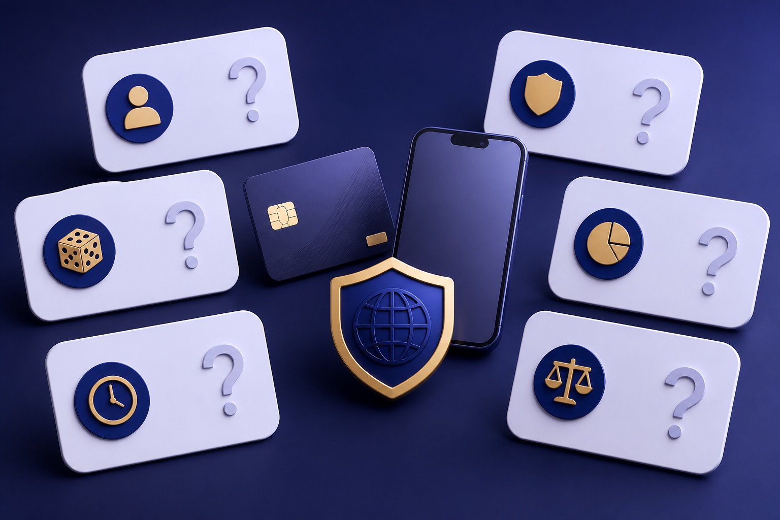Tarjetas de preguntas junto a un celular y símbolos de pagos y control
