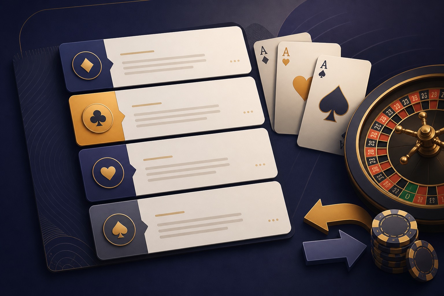 Fichas de definiciones junto a naipes, ruleta y fichas genéricas