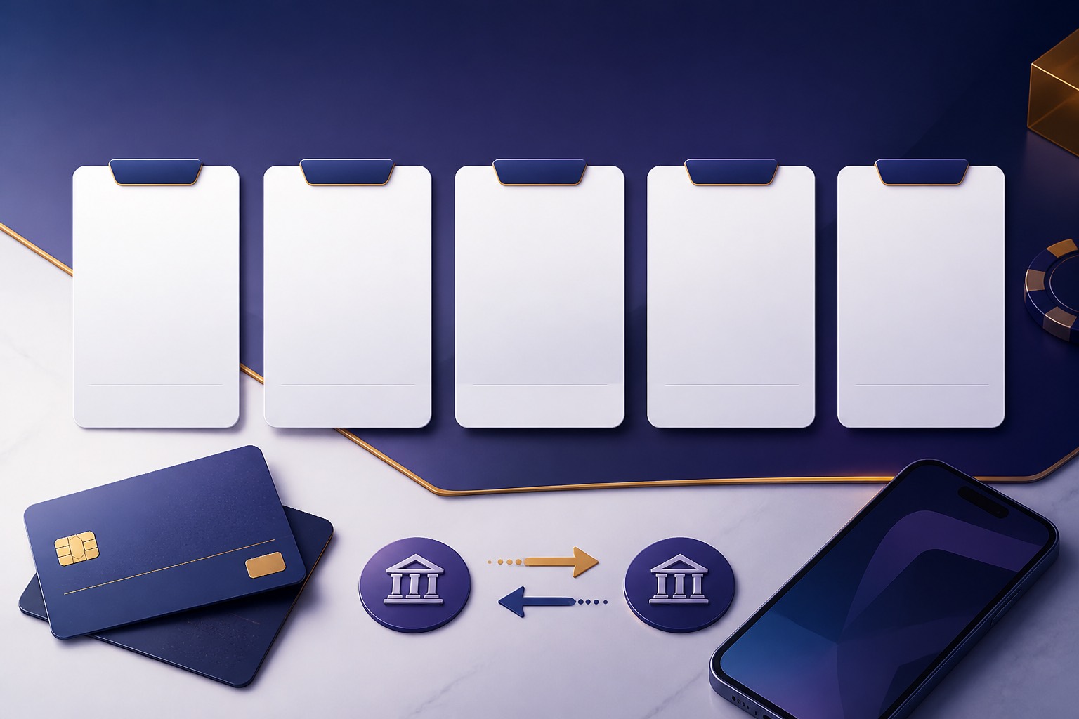 Cinco fichas de comparación junto a medios de pago y un teléfono