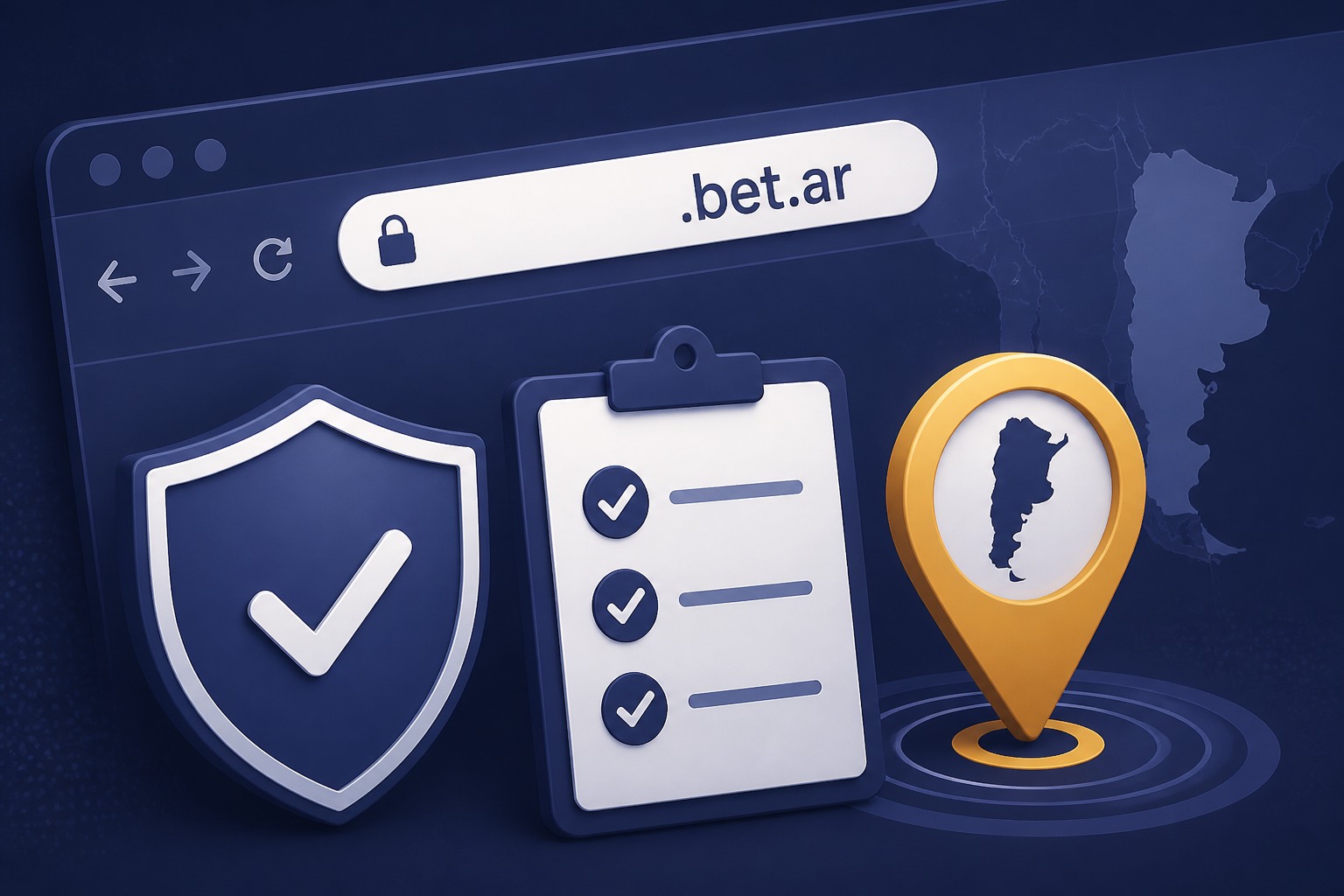 Navegador con dominio punto bet punto ar, escudo y lista de comprobación